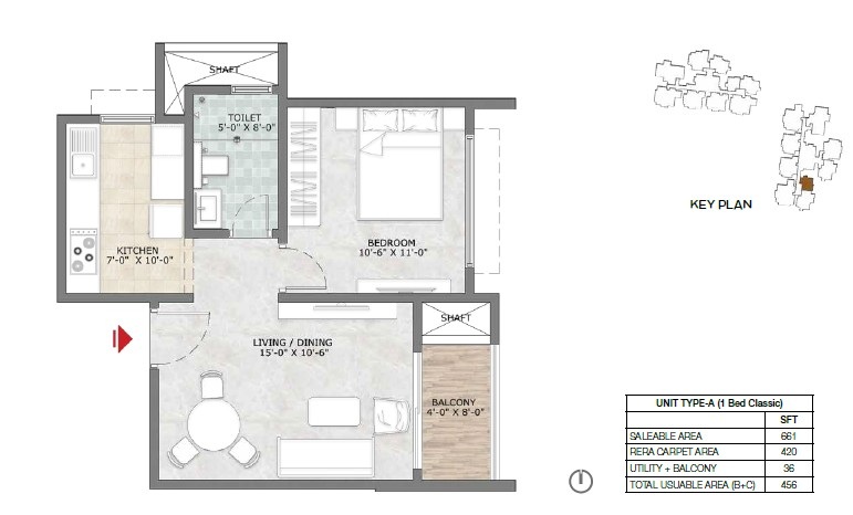 Prestige Suncrest 1 BHK 661 Sq Ft Floor Plan
