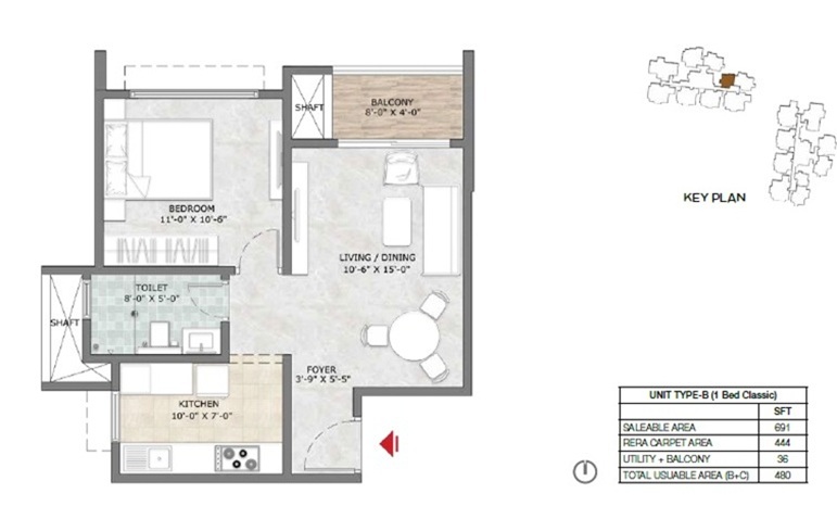 Prestige Suncrest 1 BHK 691 Sq Ft Floor Plan