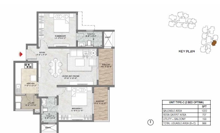 Prestige Suncrest 2 BHK 1222 Sq Ft Floor Plan