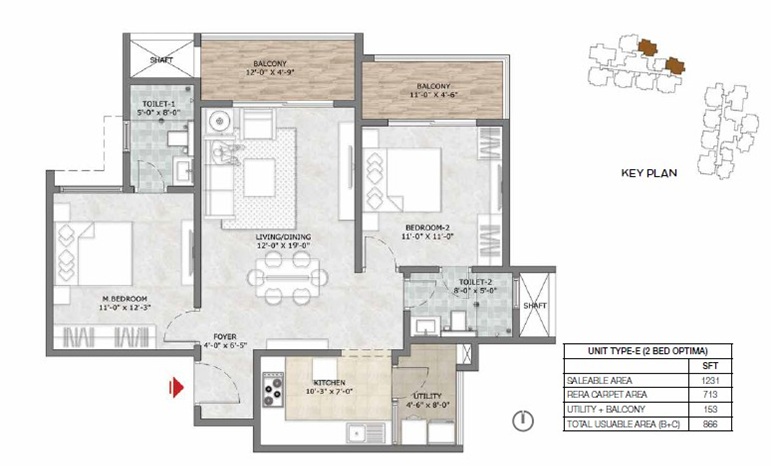 Prestige Suncrest 2 BHK 1231 Sq Ft Floor Plan