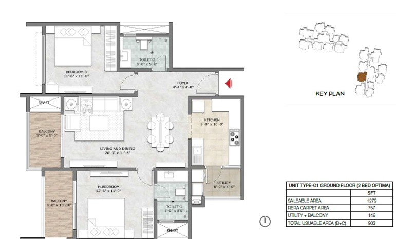 Prestige Suncrest 2 BHK 1279 Sq Ft Floor Plan
