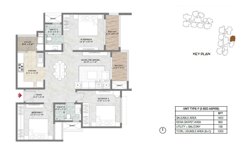 Prestige Suncrest 3 BHK 1452 Floor Plan