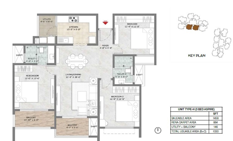 Prestige Suncrest 3 BHK 1458 Floor Plan