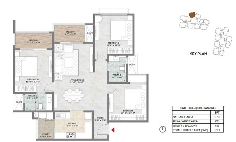 Prestige Suncrest 3 BHK 1510 Floor Plan