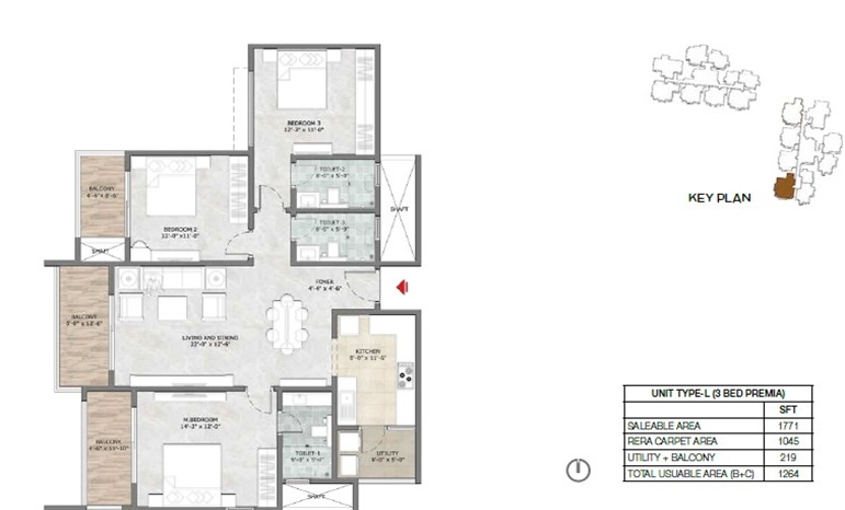 Prestige Suncrest 3 BHK 1771 Floor Plan