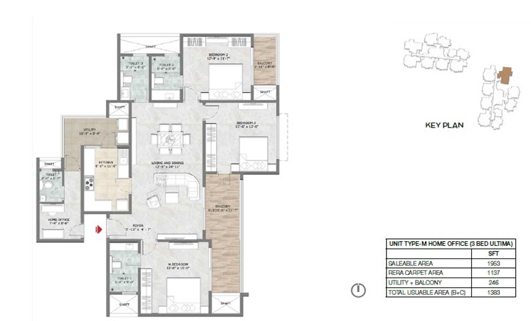 Prestige Suncrest 3 BHK 1963 Floor Plan