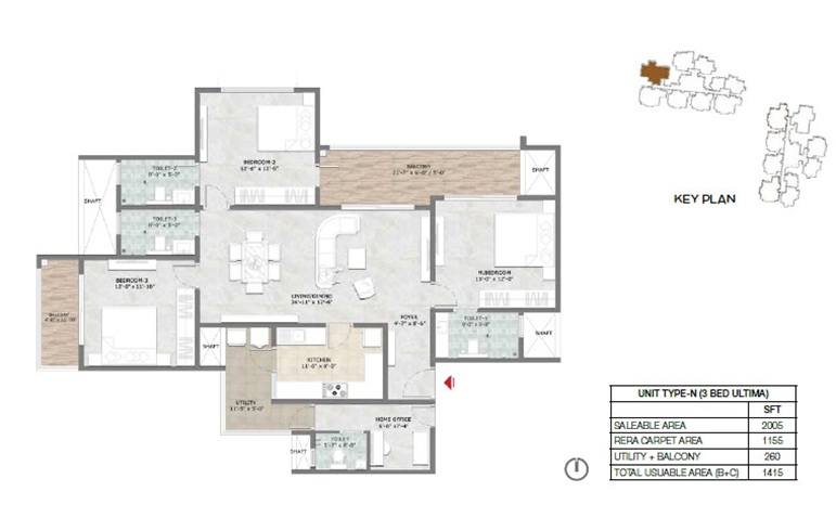 Prestige Suncrest 3 BHK 2005 Floor Plan
